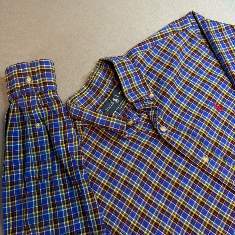 Ralph Lauren Mens Small Classic Fit Plaid Button Down Shirt Blue‎ Yellow Cotton